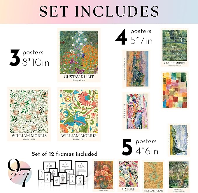 97 Decor Colorful Eclectic Home Decor Aesthetic - Eclectic Posters Famous Artist Paintings Colorful Wall Art Prints, Unique Gallery Wall Art Funky Decor for Teen Girl Dorm Bedroom (8x10 FRAMED) (BLACK FRAME)