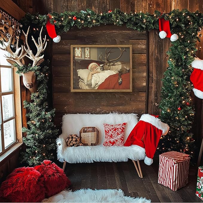 Framed Christmas Wall Art, Vintage Santa Claus and Reindeer Canvas Prints Winter Holiday Home Decor Christmas Wall Decor for Bedroom Living Room – 16x24in