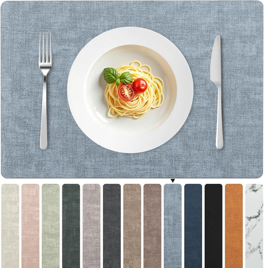 FROMHEART Faux Leather Placemats Set of 12–Waterproof,Heat/Oil Stain-Resistant PU Table Mat–Reversible,Non-Slip,Easy to Clean Place Mats for Kitchen,Dining,Indoor/Outdoor,(Light Blue,11.8" x 17")