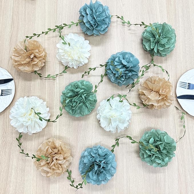 Sage Green Dusty Blue Khaki Beige Tissue Paper Flowers Pom Pom with Leaf Ribbon Hanging Garland Streamer for Birthday Baby Shower Wedding Engagement Silly Goose Themed Party Decorations Supplies