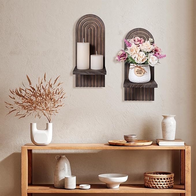 Sconces Wall Decor Set of 2, Wall Candle Holder Rustic Home Decor, Floating Candle Sconces Shelf Brown Wall Art, Farmhouse Wall Decor for Living Room, Dining Room, Bedroom, Bathroom