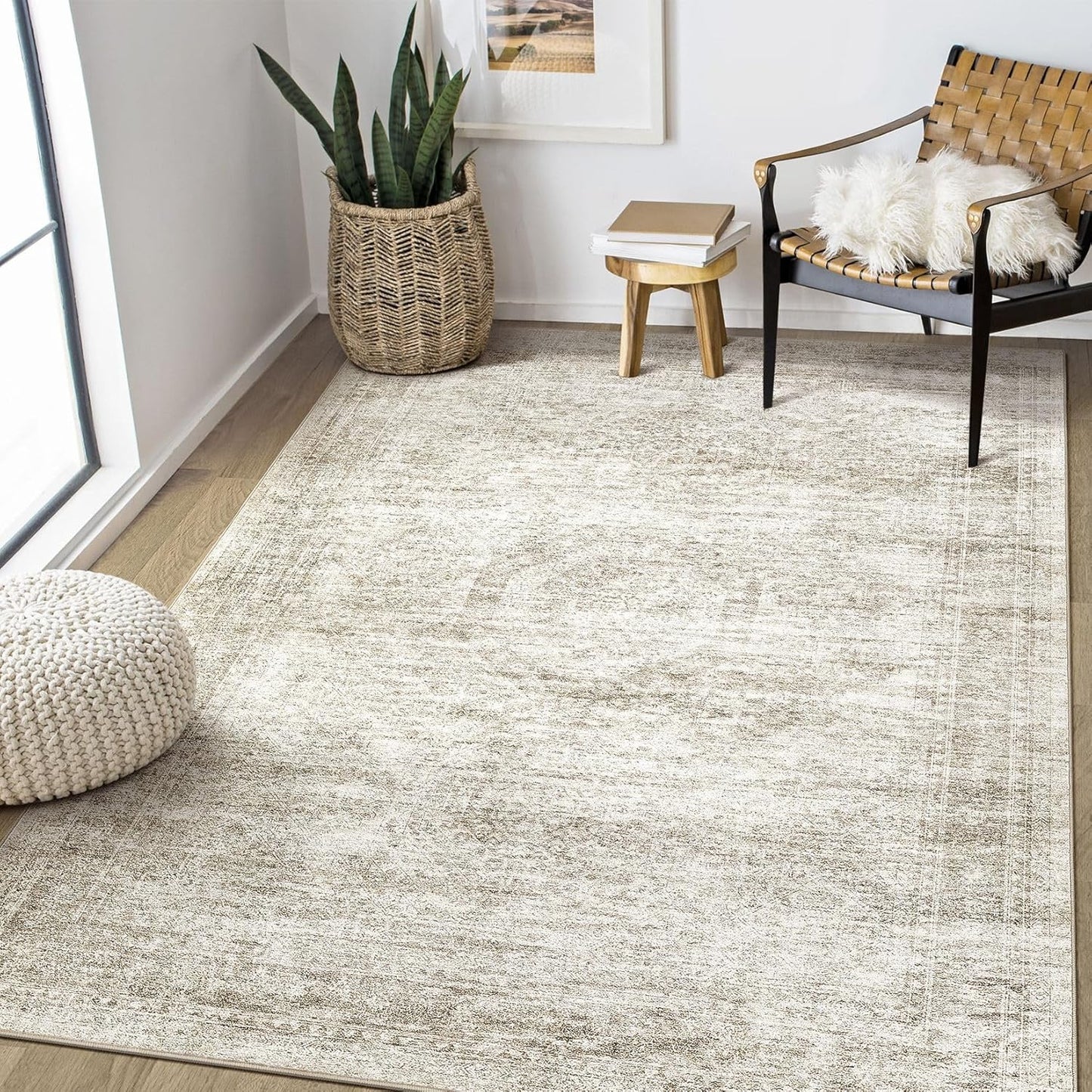 Washable Area Rugs for Living Room -6x9 Neutral Vintage Distressed Floral Farmhouse Boho Large Soft Floor Rug Indoor Non Slip Carpet for Living Room Bedroom Dining Room Office-Beige