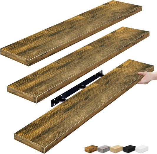 Sorbus Floating Shelves for Wall - 48 Inch Long Bathroom Shelves, Wall Decor for Bedroom, Kitchen, Living Room & Book Storage - Mounted Floating Shelf with Invisible Brackets (Rustic Brown, 3 Pack)