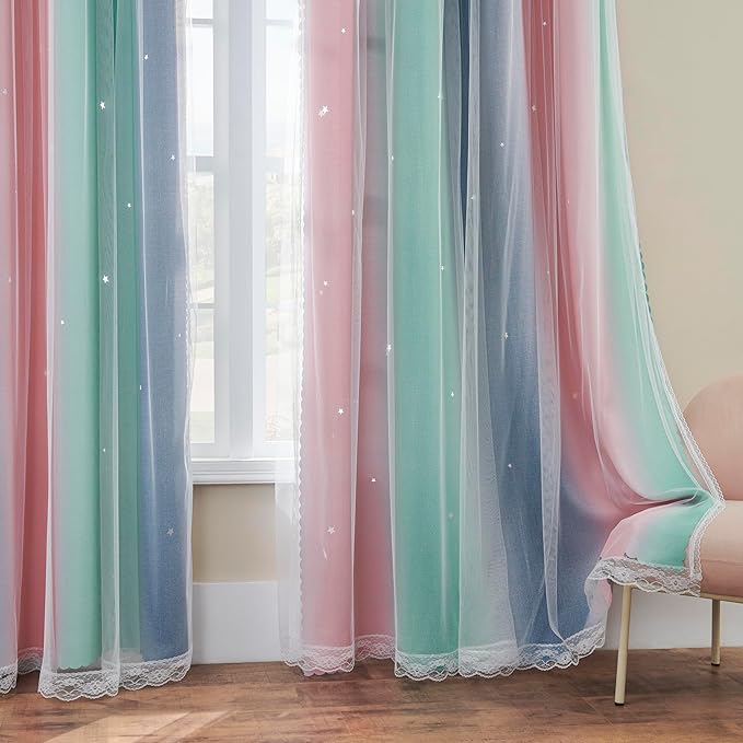 XiDi Pink Grey Curtains for Bedroom, Kids Room Wall Decoration Green Curtain, Girls Curtains Room Darkening, Blackout Curtain 72 inchs Long 52 inches Wide 1 Panel