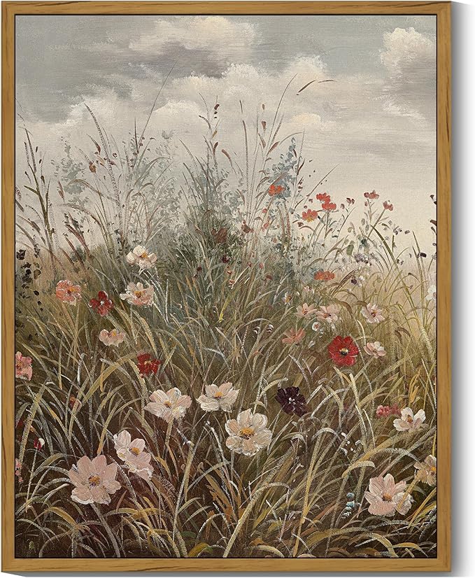 SHENIFY Vintage Landscape Framed Wall Art Wildflower Field Scenery Farmhouse Decor Retro Meadow with Flowers Painting for Kitchen Living Room Bedroom Bathroom - 11x14in Natural Framed