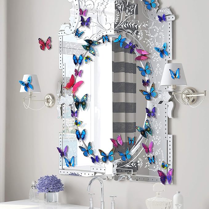 24pcs 3D Vivid Special Man-Made Lively Butterfly Wall Stickers Removable Butterflies Wall Decals 3D Nursery Art Decor for Kids Girls Bedroom Living Room Classroom Party Decoration Purple & Blue
