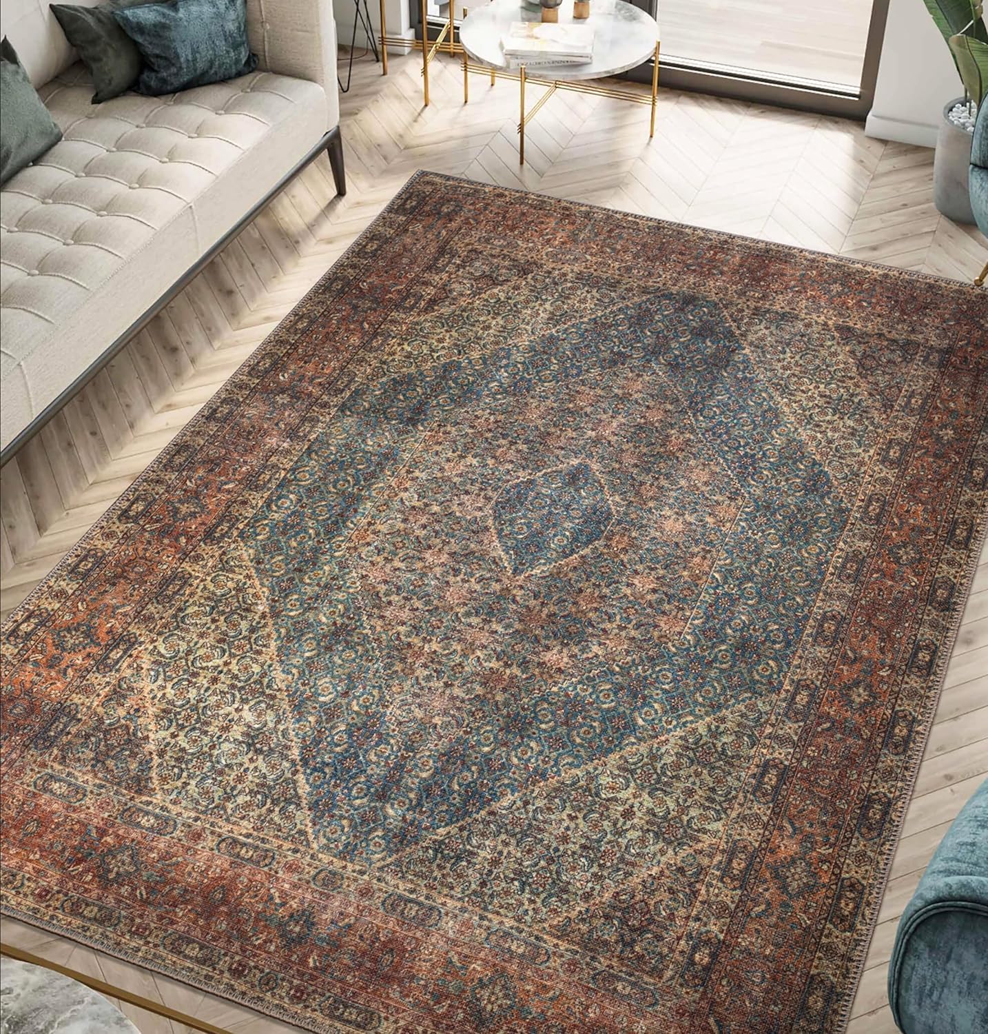 Keen Home Design 4x6 Rug - Machine Washable Area Rug with Non-Slip Backing, Ideal for Living Room, Dining Room, Bedroom - Vintage, Easy Clean, Durable, Low Pile Rug - (4' x 6')