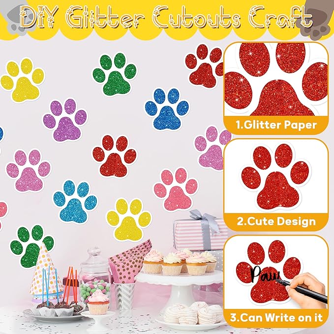 BWkoss Glitter Paw Prints Cutouts- 100Pcs Colorful Paw Print Paper Cut-Out Mini Paw Print Accents Decor Bulk Dog Footprint Cutout Bulletin Board Party Supplies for Kids DIY Craft Classroom Wall Decors