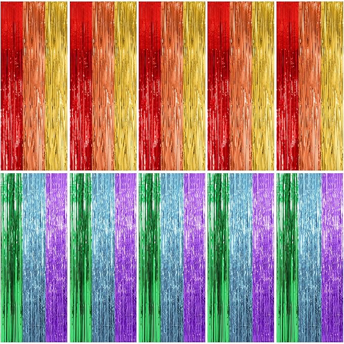 10 Pack Rainbow Backdrop Party Decorations Tinsel Curtain Party Streamer Foil Fringe Birthday Decorations Photo Booth Colorful Theme First Day of School Engagement Baby Shower Decor