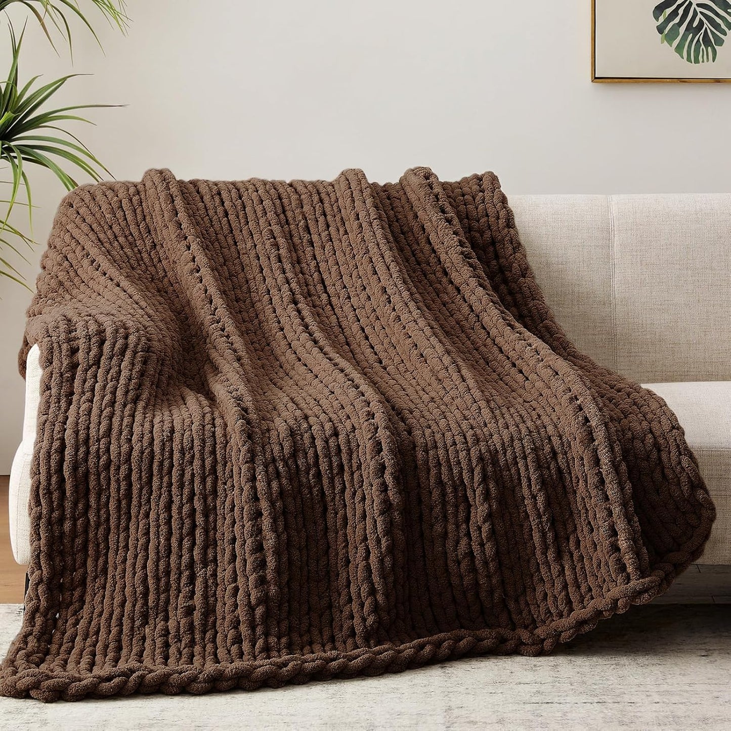 Chunky Knit Throw Blanket, 30''*40'' Knitted Throw Chenille Yarn for Bed Couch, Handmade Dark Brown Crochet Big Thick Blanket, Machine Washable Cute Comfy Blanket for Home Decor