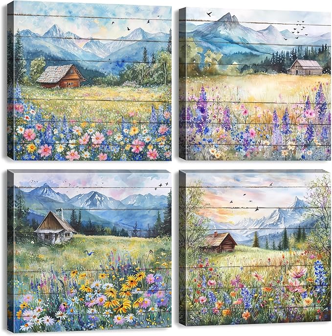 Colorful Wildflower Wall Art Farmhouse Floral Scenery Pictures Rustic Flower Landscape Canvas Painting Mountain Poster Prints Nature Artwork for Living Room Bathroom Modern Home Decorations 20x20” 4P