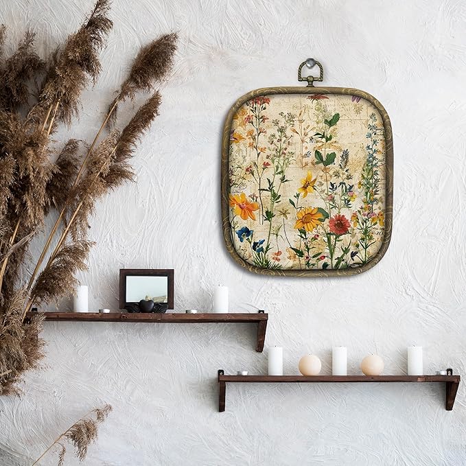 KSDUT Boho Flower Floral Wall Decor Art - Botanical Neutral Wall Art Canvas Frame Hanging Prints, Vintage Landscape Wildflower Square Wall Art Decor for Home Decorations 6.5"x5.7"