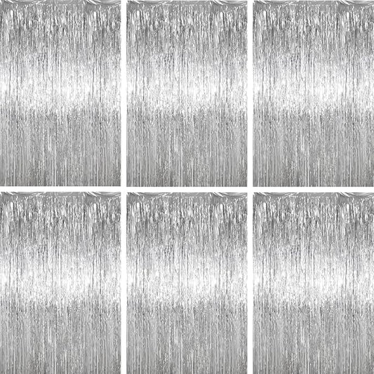 3.3 x 6.6 ft Foil Fringe Backdrop Curtains, Tinsel Streamers Party Decorations, Fringe Backdrop for Birthday, Baby Shower, Gender Reveal, Graduation (6, Silver)