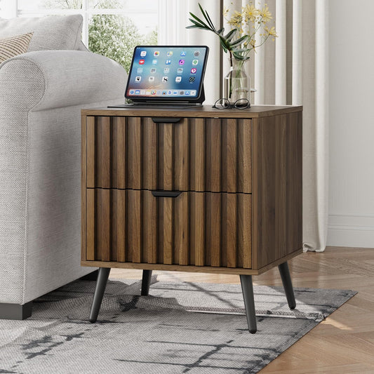 Smuxee Walnut Wooden Night Stand, Mid Century Nightstand with 2 Fluted Drawers, Bedside Table with Metal Feet, Modern End Side Table for Bedroom