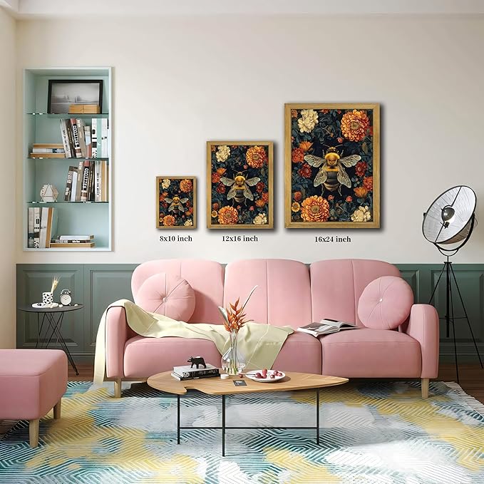 Framed Hand Drawn Sandstone Bee Wall Art, 3D Textured Nature Botanical Wall Decor Pictures, Dark College Vintage Flowers Print Painting for Living Room Bedroom Kitchen Home Decor 16x24inch