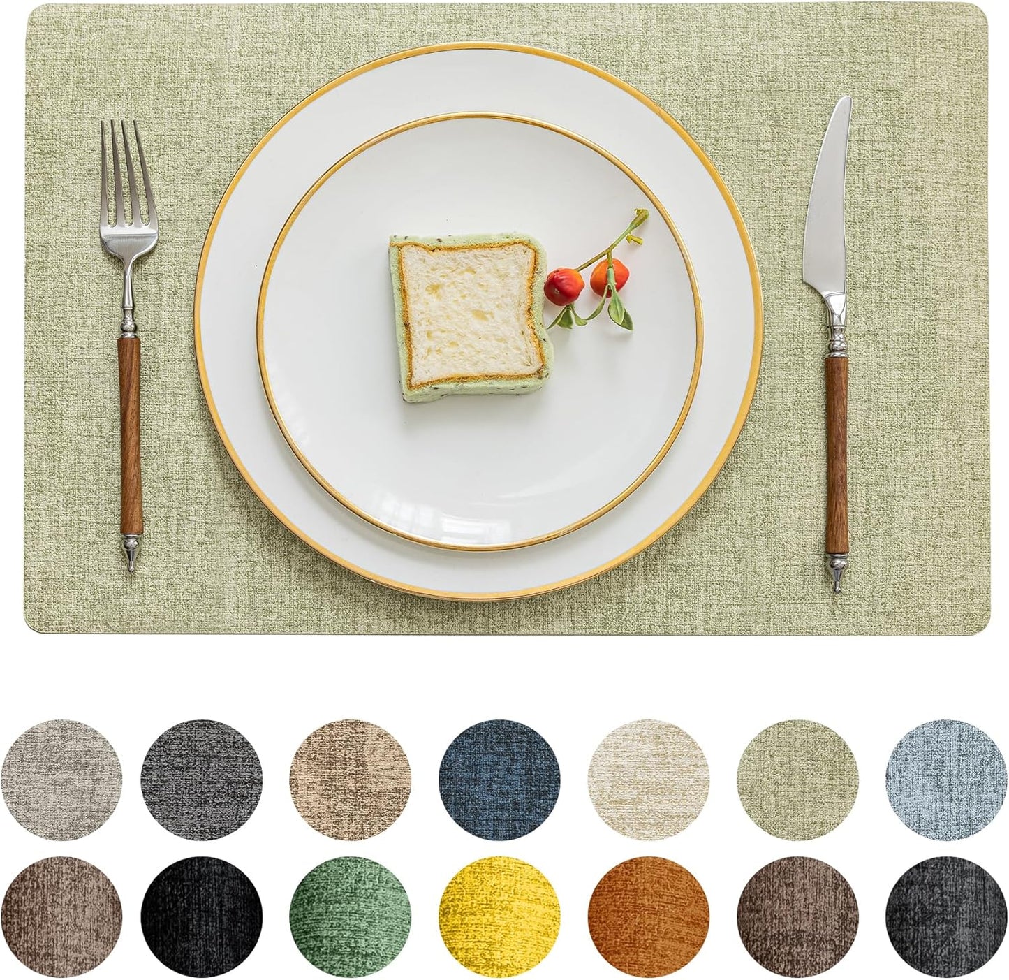 Romanstile Vinyl Placemats Set of 4-12 X 18 Inch - Heat Resistant Place Mats 100% Waterproof Oilproof Wipeable Reversible Faux Leather Table Mats for Kitchen/Dining/Party/Outdoor, Grass Green