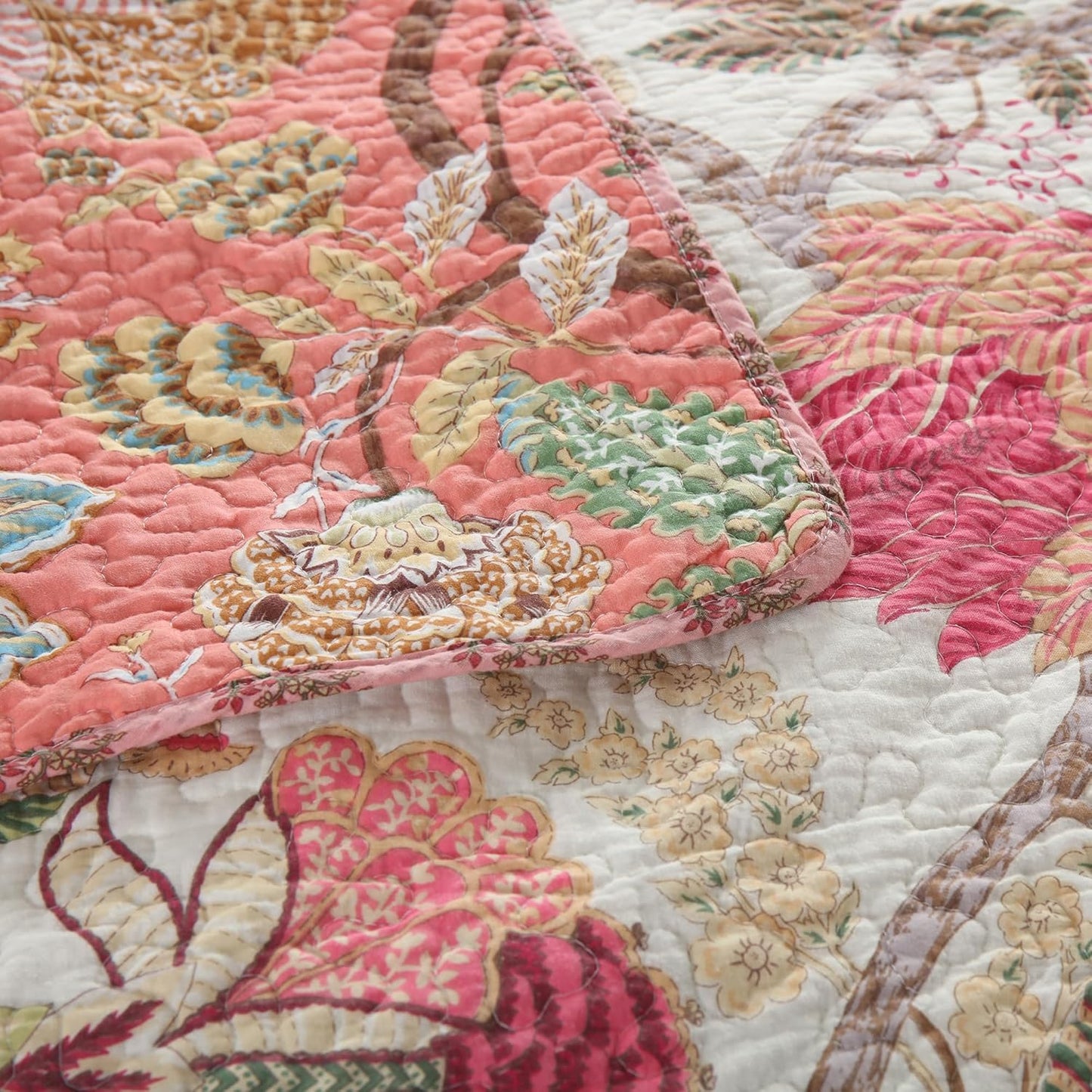 NEWLAKE Cotton Patchwork Bedspread, 3-Piece Bedding Quilt Set with Real Stitched Embroidery, Reversible Matelasse Bed Coverlet Set,Bohemian Floral, Queen Size