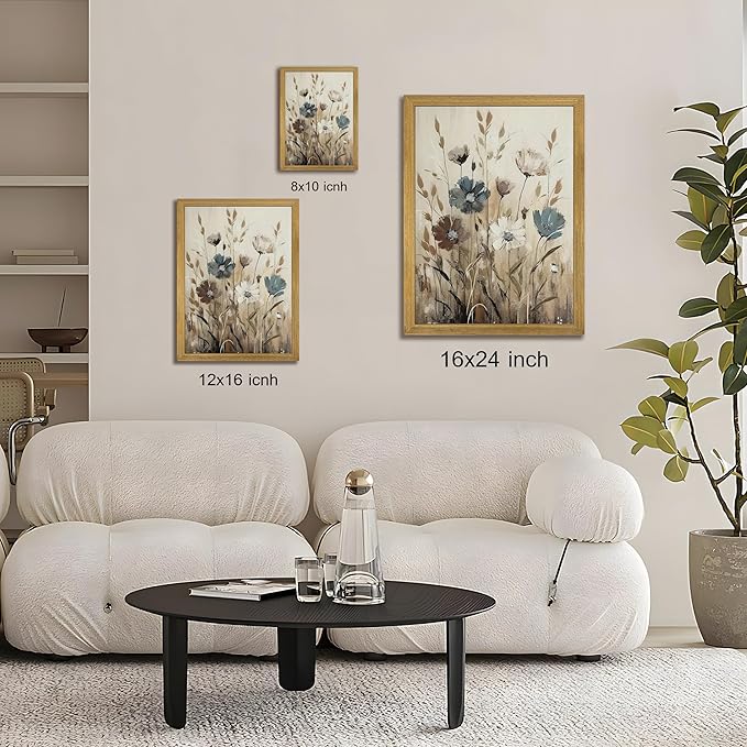 Yaneiro Wood Framed Vintage Wildflower Wall Art, Boho Canvas Wall Decor Paintings, Sage Flower Bathroom Decor, Countryside Farmhouse Landscape Posters Print for Bedroom Hallway Living Room 16x24 Inch