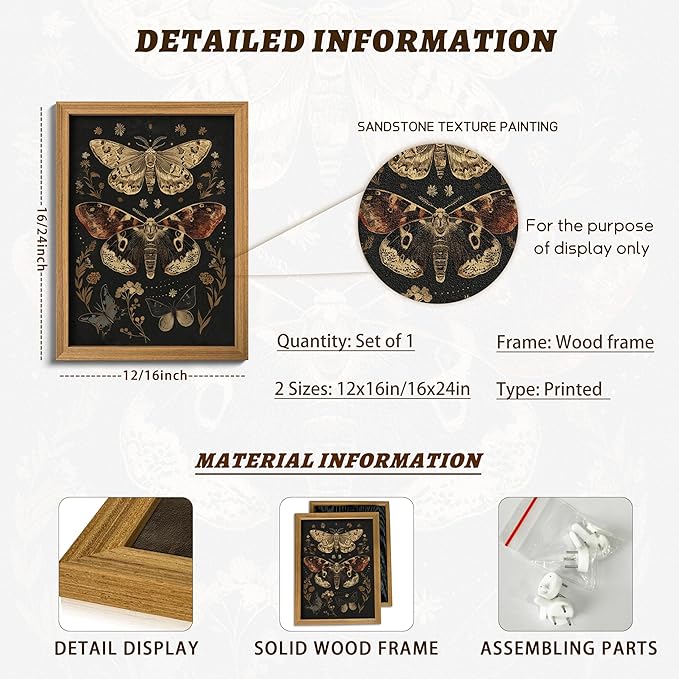 3D Textured Vintage Butterfly Framed Wall Art, Dark Academia Moth Wall Decor Painting, Hand Drawn Sandstone Gothic Moody Insect Artwork Picture for Living Room Bedroom Office 12x16 Inch