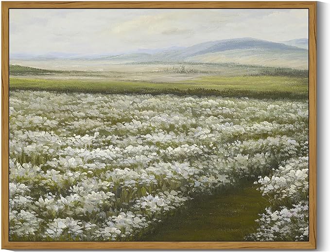 SHENIFY Vintage Landscape Framed Wall Art Meadow with Flowers Scenery Farmhouse Decor Rustic Retro Grassland Wildflower Field Painting for Kitchen Bedroom Bathroom - 11x14in Natural Framed