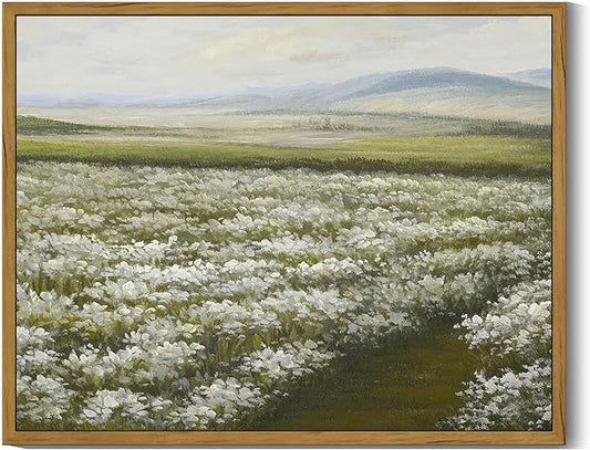 SHENIFY Vintage Landscape Framed Wall Art Meadow with Flowers Scenery Farmhouse Decor Rustic Retro Grassland Wildflower Field Painting for Kitchen Bedroom Bathroom - 11x14in Natural Framed