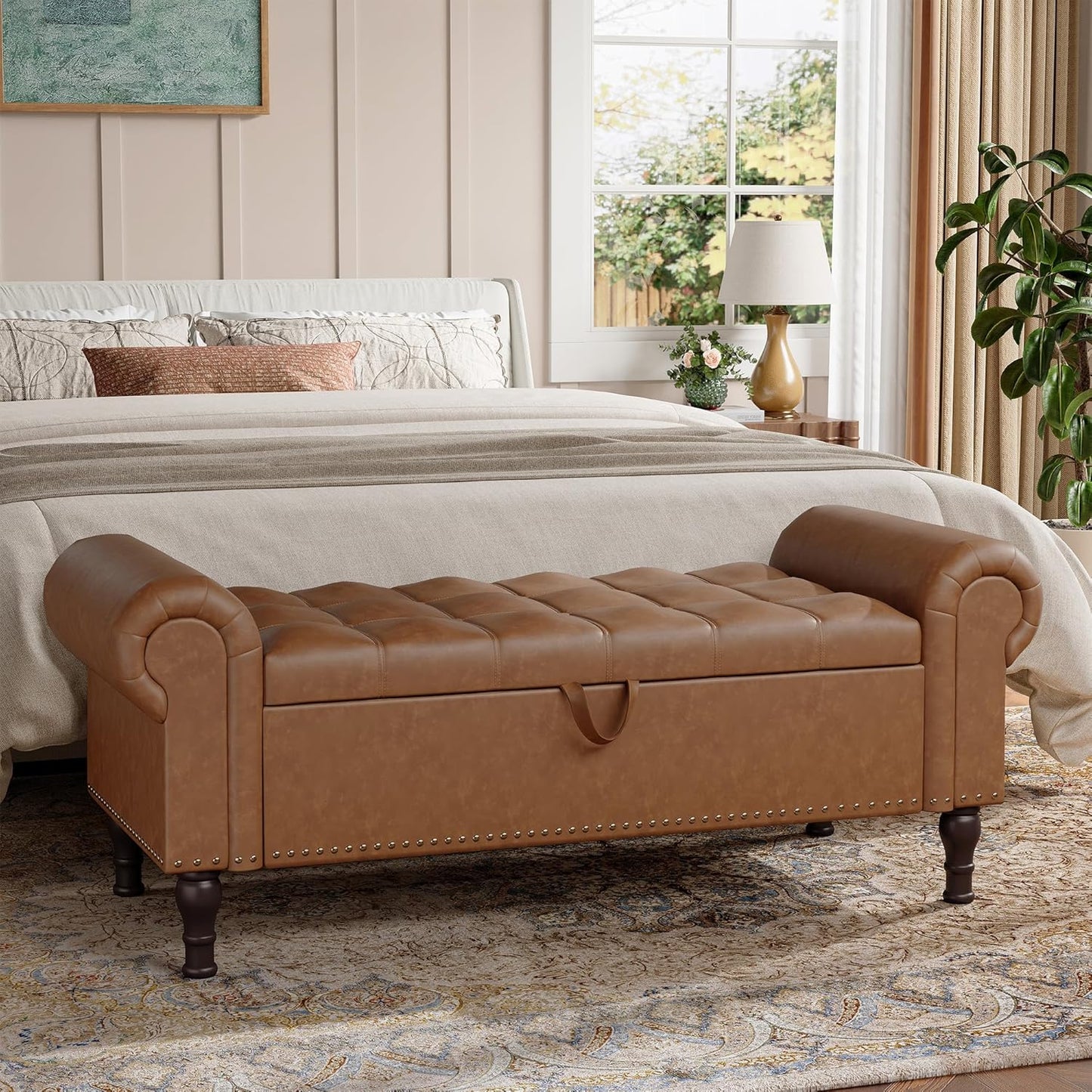 51" Storage Ottoman Bench for Bedroom, Full Queen Storage Bench with Button, Upholstered Bedroom Bench with Rolled Arms for Living Room, Storage Room, Entryway, Brown