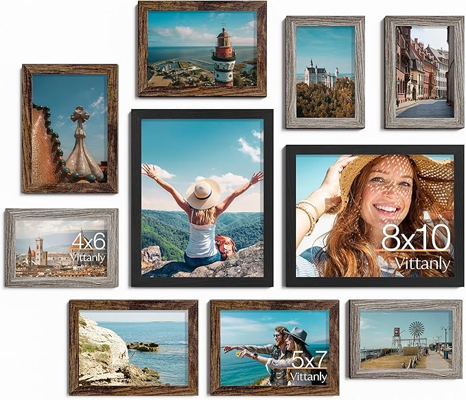 Vittanly Picture Frames Set of 10, Picture Frames Collage Wall Decor with Two 8x10, Four 5x7 and Four 4x6 Photo Frames, Gallery Wall Frame Set for Wall or Tabletop Display, Black, Brown and Dark Grey