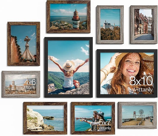 Vittanly Picture Frames Set of 10, Picture Frames Collage Wall Decor with Two 8x10, Four 5x7 and Four 4x6 Photo Frames, Gallery Wall Frame Set for Wall or Tabletop Display, Black, Brown and Dark Grey