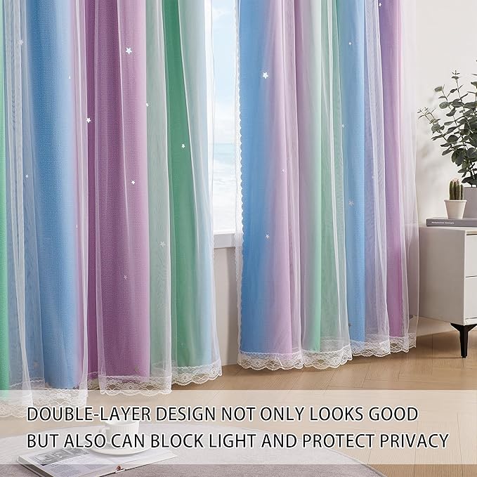 XiDi Green Purple Blue Curtains 84 Inches Long for Girls Bedroom 2 Panels Set, Blackout Rainbow Curtains for Kids Room Decor, Unicorn Wall Decals Drapes for Little Girl Nursery Room 34 Inches Wide