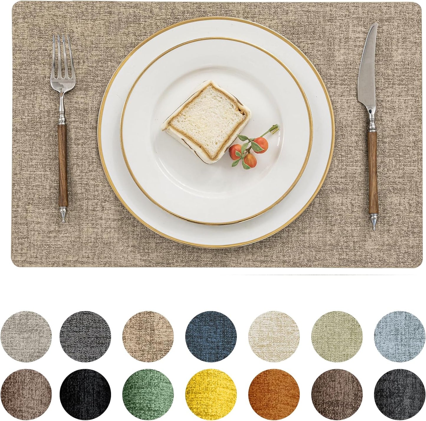 Romanstile Vinyl Placemats Set of 12-12 X 18 Inch - Heat Resistant Place Mats 100% Waterproof Oilproof Wipeable Reversible Faux Leather Table Mats for Kitchen/Dining/Party/Outdoor, Khaki