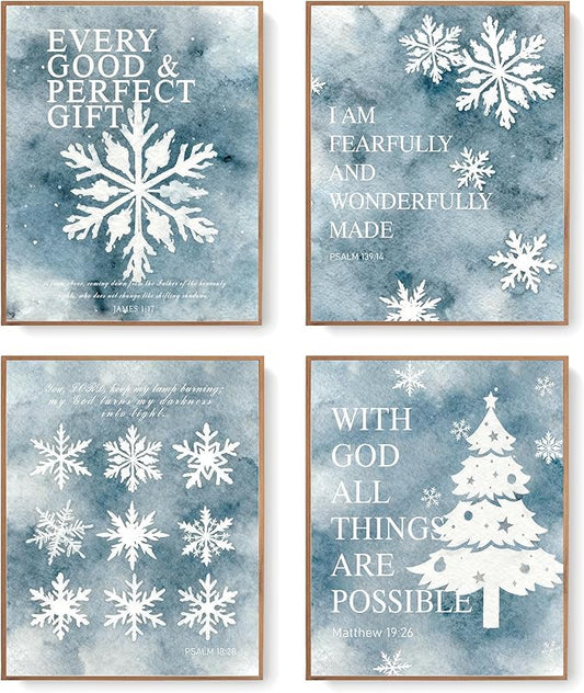 LARTSFRO Christmas Winter Gifts Wall Art Decor Posters, Christmas Snowflakes Christian Room Bathroom Bedroom Dorm Wall Art Decor Aesthetic for College Teen Girls Gifts, Inspirational Bible Verses Winter Wall Decor, 10x8 Inch Set of 4 Pcs Christmas Pict...