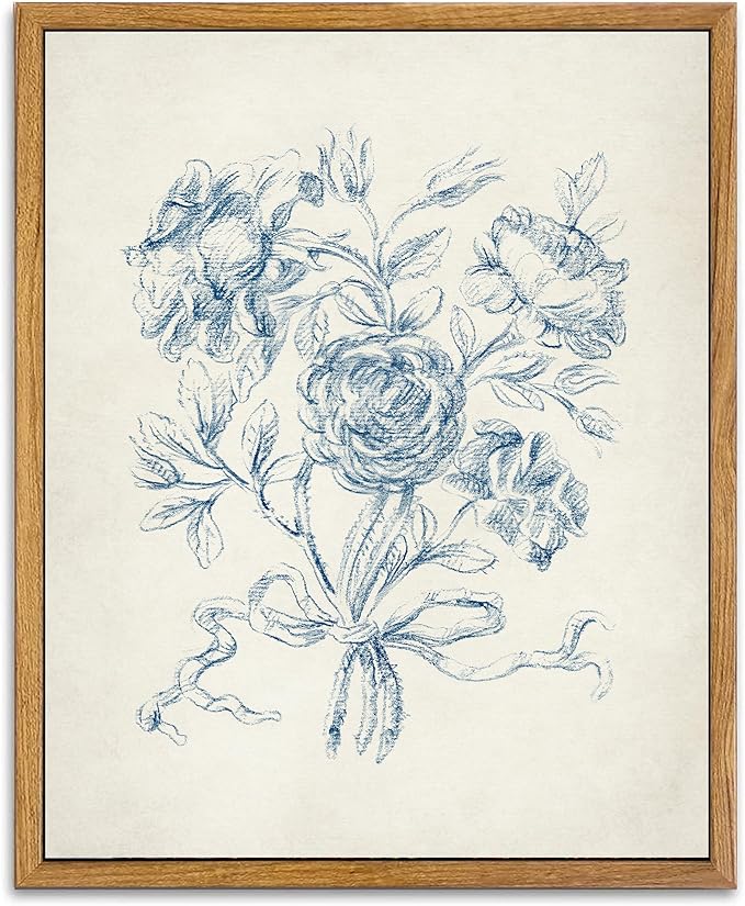 KBKBART Framed Floral Wall Art, Vintage Blue Rose Bouquet Sketch Canvas Oil Painting, Antique Victorian Wall Decor, Minimalist Bedroom Wall Art Aesthetic, Neutral Flower Art Prints for Bedroom Living Room, Gallery, Gifts for Friends or Family(8"x10")