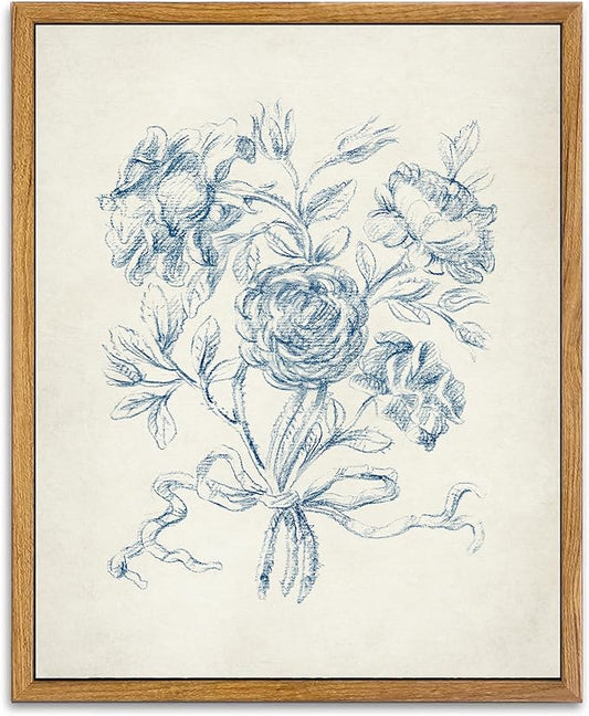 KBKBART Framed Floral Wall Art, Vintage Blue Rose Bouquet Sketch Canvas Oil Painting, Antique Victorian Wall Decor, Minimalist Bedroom Wall Art Aesthetic, Neutral Flower Art Prints for Bedroom Living Room, Gallery, Gifts for Friends or Family(8"x10")