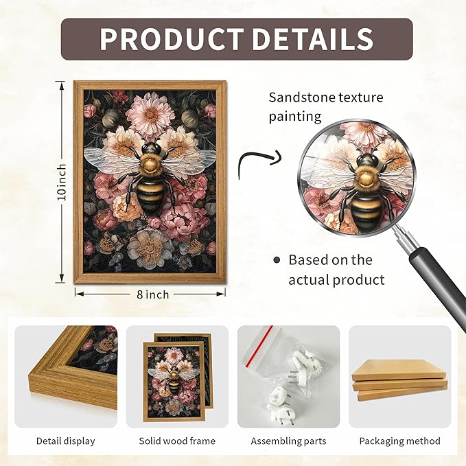 Framed Vintage 3D Textured Wall Art - Dark College Bee Flowers Wall Decor - Hand Drawn Sandstone Nature Botanical Pictures for Living Room Bedroom Home Decor 8x10in