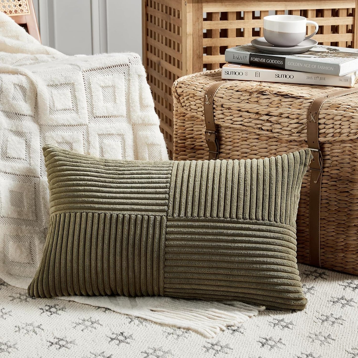 Fancy Homi 2 Packs Olive Green Lumbar Decorative Throw Pillow Covers 14x24 Inch for Couch Bed, Farmhouse Boho Home Decor, Soft Striped Corduroy Rectangle Accent Cushion Case 35x60 cm