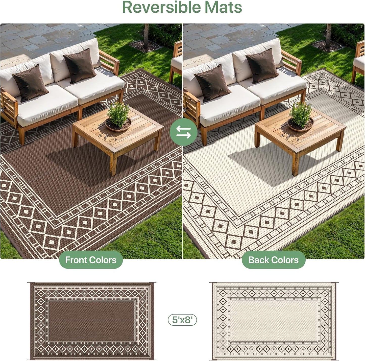 GENIMO Outdoor Rug Waterproof for Patio Decor, 5'x8' Reversible Plastic Straw Rug Carpet, Camping Mat for Outdoor, RV, Backyard, Deck, Balcony, Picnic, Beach, Coffee & Beige