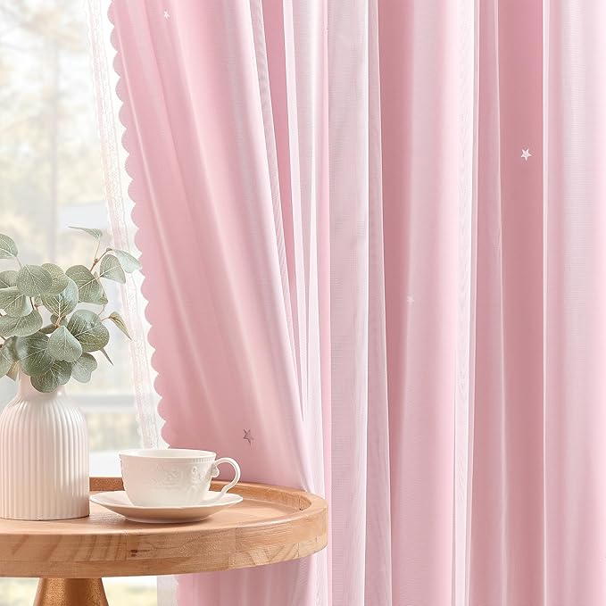 XiDi Pink Blackout Curtains with Sheer Overlay Mix and Match Double Layer 80% Room Darkening Window Treatment Set for Girls Bedroom Living Room Pink Star Drapes with Tiebacks Grommet Top 52" Wx96 Lx2