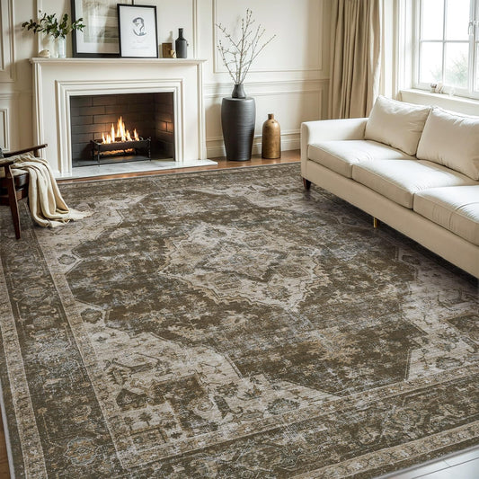 AMOAMI-Area Rug 9X12 Rugs for Living Room-Vintage Soft Coffee&Brown Rugs for Bedroom-Non Slip Carpet-Washable Rug for Dining Room Living Room Bedroom Office Under Table