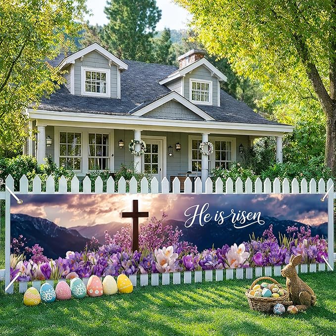 He Is Risen Easter Banner Christian Resurrection Spring Decor 78 x 17 Inch Religious Cross Flower Scene Banner for Church Yard Fence Door Wall Indoor Outdoor Easter Display