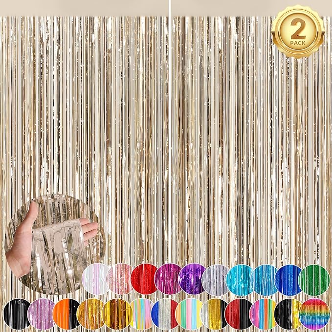 Champange Party Streamers Fringe Curtain 2Pack 3.3 x 8.3 Ft Foil Fringe Backdrop Curtains for Birthday Wedding Bridal Baby Shower Holiday Tinsel Streamers Party Decorations Door Streamer