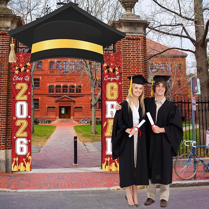 3Pcs Graduation Cap Door Banner 2026 Graduation Door Decoration Class of 2026 Porch Sign Congrat Grad Hanging Banner Decor Grad Party Indoor Outdoor Wall Decor Photo Prop Supplies Red Black