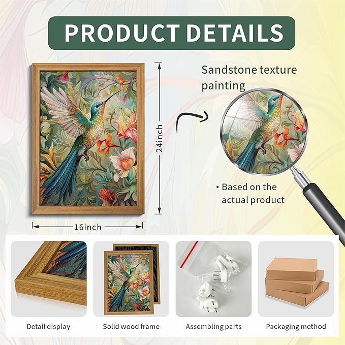 Framed Vintage 3D Textured Wall Art - Colorful Hummingbird Floral Wall Decor - Hand Painted Sandstone Nature Botanical Picture for Living Room Bedroom Home Decor 16x24 inch