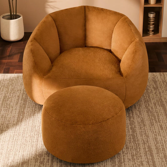 Giant Bean Bag Chaise Lounge Indoor Chair for Adults - Comfy Plush Round Shell Soft Accent Chair, Oversized Cozy Floor Sofa for Living Room, Bedroom & Game Rooms, Orange