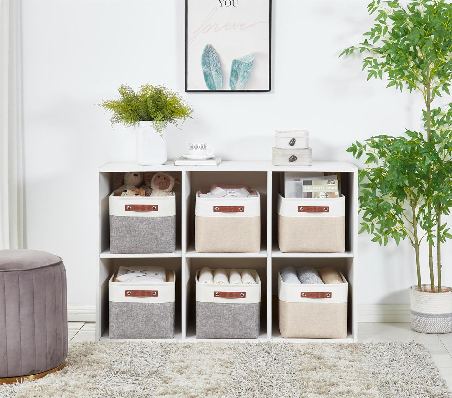 DECOMOMO Storage Baskets for Shelves - Fabric Closet Organizers and Storage Bins, Perfect Baskets for Organizing Closet Toys Nursery (Beige and White, XL - 3 Pack)