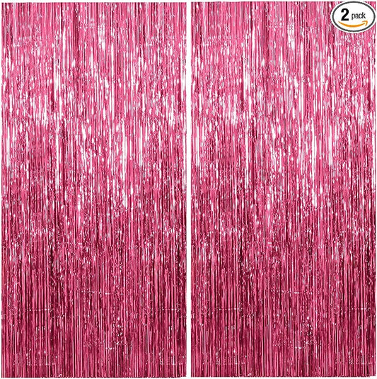 2 Pack Foil Curtain Backdrop Pink Metallic Tinsel Foil Fringe Curtains Photo Booth Props for Birthday Valentines Day Wedding Engagement Baby Shower Bachelorette Christmas Holiday Party Decorations