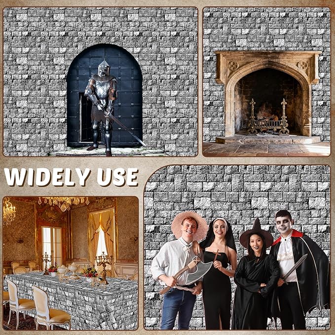 party greeting Stone Wall Tablecloth Roll 200FT x 51 Inch Disposable Brick Stone Plastic Table Covers Roll Castle Wall Backdrop for Halloween Western Birthday Medieval Party Decoration Favors Supplies