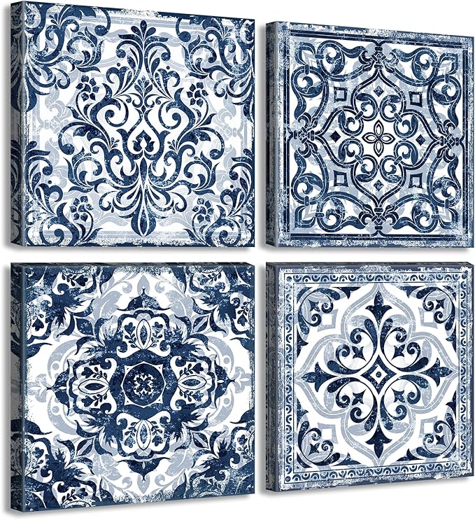 DJSYLIFE Bathroom Wall Decor Navy Blue Flower Paintings Canvas Prints Decoration Vintage Wall Art for Bedroom Framed Ready to Hang 12" Wx12 Hx4 pcs