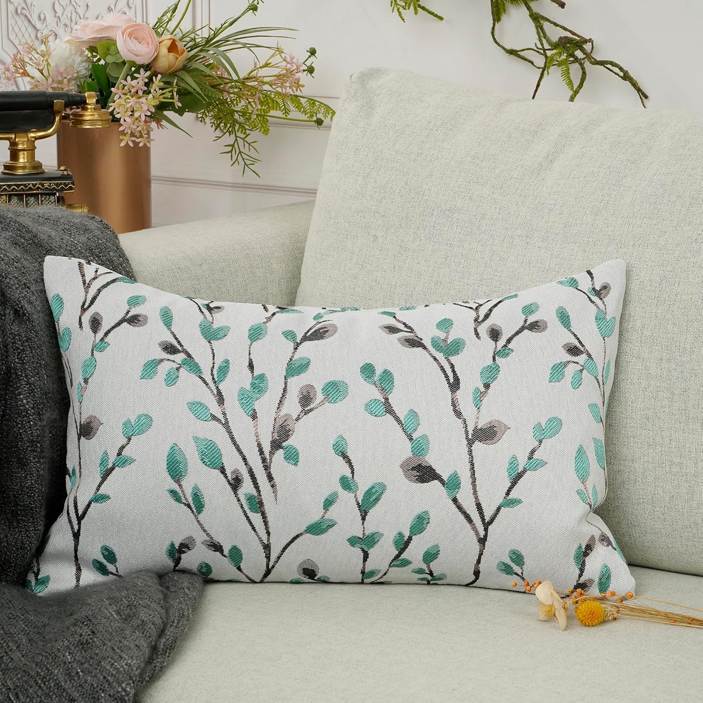 YOUR SMILE Classical Embroidery Jacquard Green Square Decorative Throw Pillow Case Cushion Cover,12x20 inch