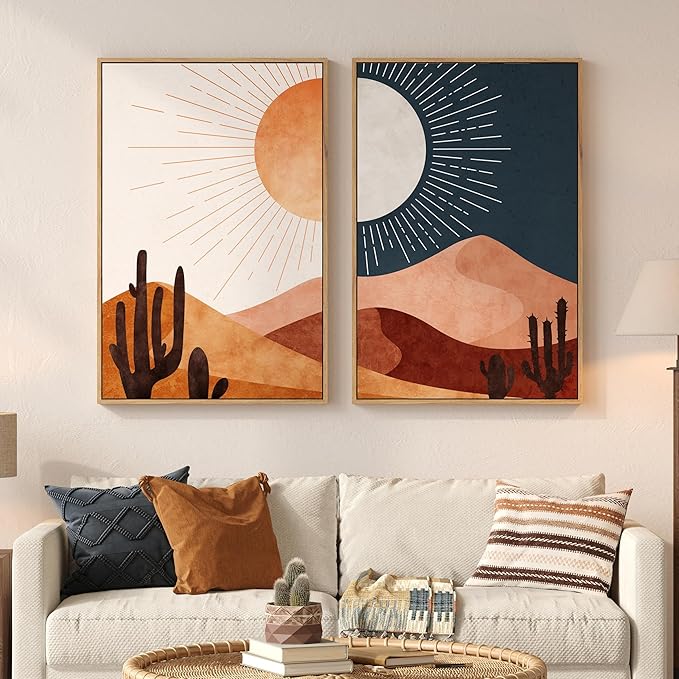 Large Framed Boho Desert Wall Art for Living Room, Set of 2 Sun and Moon Cactus Landscape Artwork, Mid Century Modern Bohemian Paintings Prints for Bedroom Home Office Hallway Wall Decor, 24x36 Inch