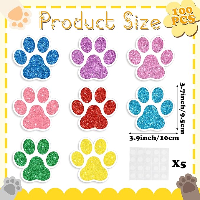 BWkoss Glitter Paw Prints Cutouts- 100Pcs Colorful Paw Print Paper Cut-Out Mini Paw Print Accents Decor Bulk Dog Footprint Cutout Bulletin Board Party Supplies for Kids DIY Craft Classroom Wall Decors